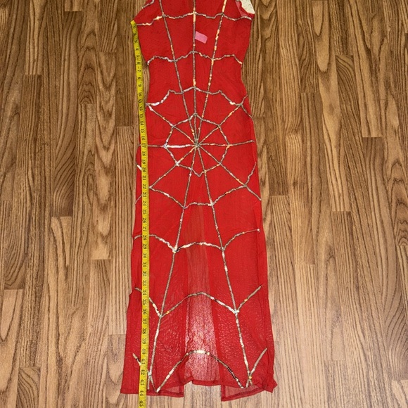 Vintage Size Medium Red Fishnet Spiderweb Maxi Dress Sequins Dramatic Whimsygoth - Picture 7 of 15